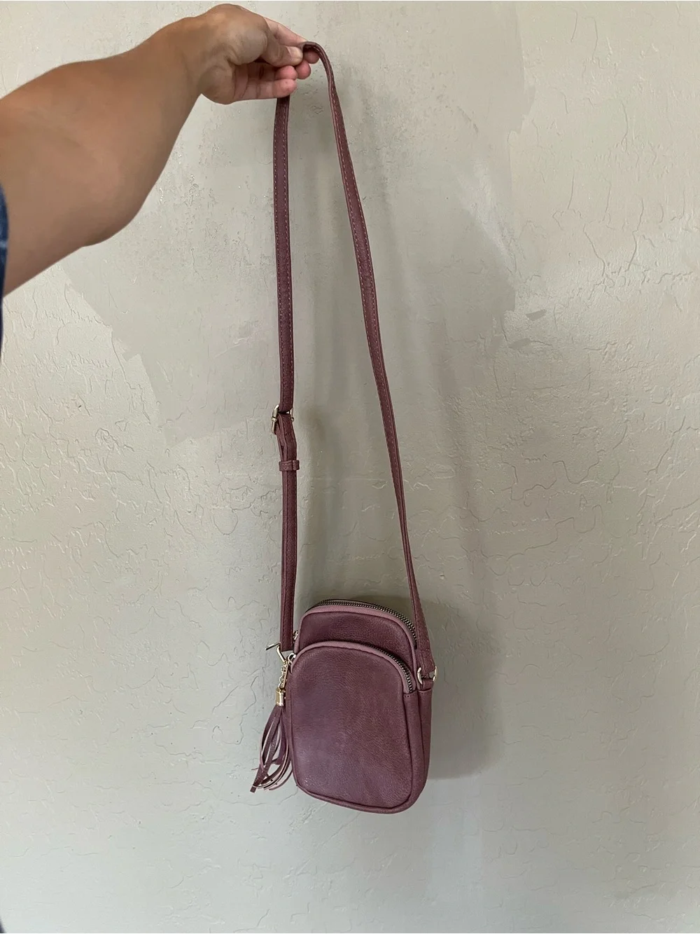 Mini Crossbody Bag in Mauve Pink - Compact Tassel Shoulder Purse